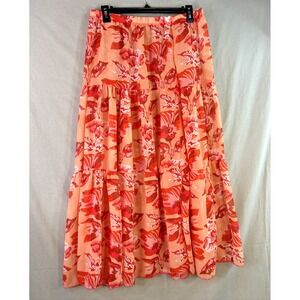 Floral Tiered Maxi Skirt Peach Orange Red Lightweight Elastic Waist Summer Beach